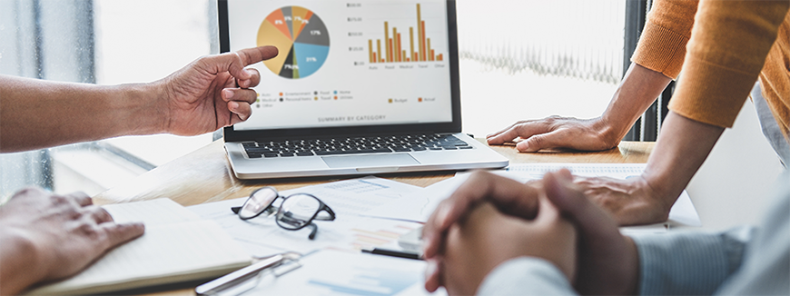 Business team collaboration discussing working analyzing with financial data and marketing growth report graph in team, presentation and brainstorming to strategy planning making profit of company.